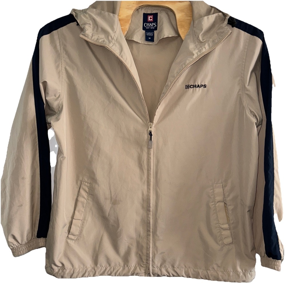 Chaps Windbreaker Jacket Mens Medium Tan Navy Blue Packable Hooded‎ Full Zip